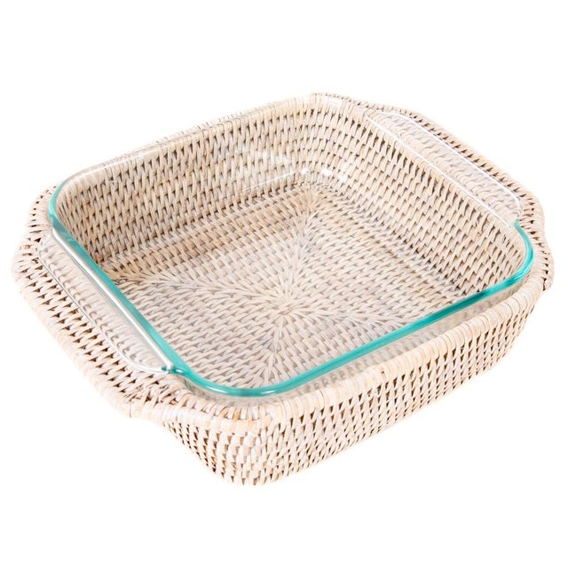 Wood Artifacts Rattan Square Baker Basket with Pyrex in White Wash - 2 Pieces For Sale - Image 7 of 7