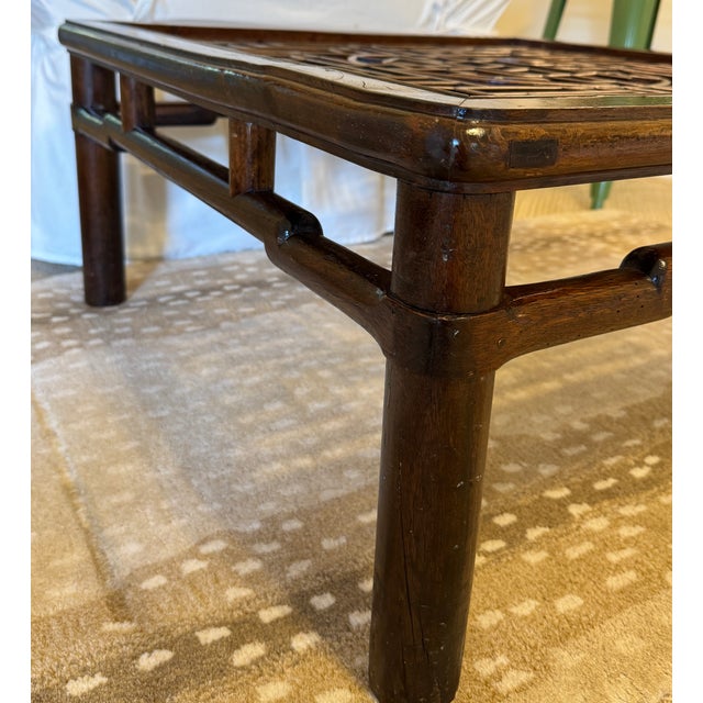 Wood Antique Chinese Elmwood (Yumu) Kang Table – Hand-Cut Mortise & Tenon Joinery With Shou Medallion Fretwork, Qing Dynasty For Sale - Image 7 of 13