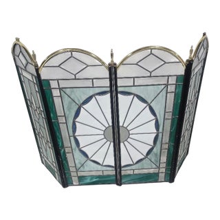 Vintage Stained Glass Fireplace Screen – 4-Panel Sunburst & Floral Design – 32” Tall For Sale