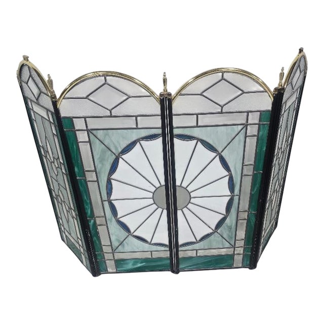 Vintage Stained Glass Fireplace Screen – 4-Panel Sunburst & Floral Design – 32” Tall For Sale
