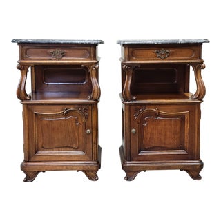 Antique Austrian Walnut and Black Marble Top Nightstands - a Pair For Sale