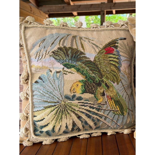 French Country Vintage Tropical Bird Needlepoint Pillows With Tassel Trim Velvet Back-Pair For Sale - Image 3 of 12