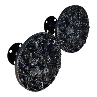 Vintage Black Lacquer Finish Large Floral Curtain Tie Backs - a Pair For Sale