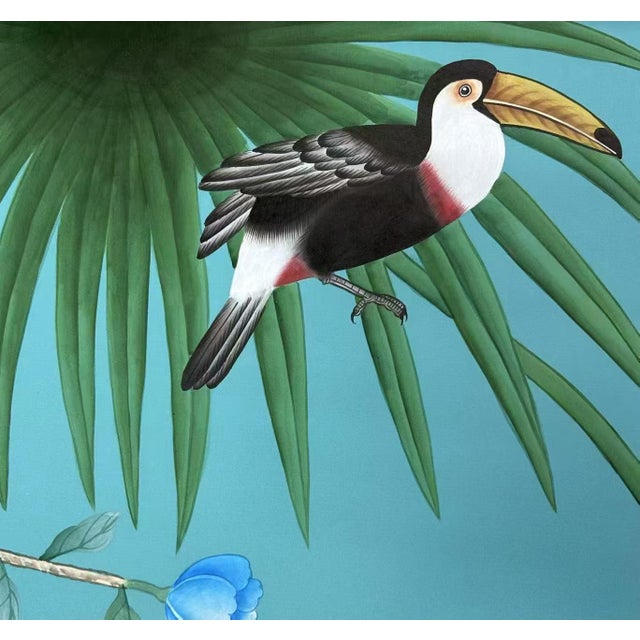 Contemporary Hand Painted Teal Tropical Chinoiserie Toucan Floral Mural 3-Panel Set For Sale - Image 3 of 4