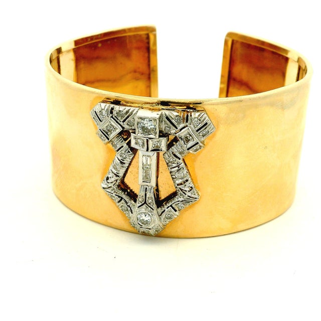 1930s Art Deco Diamond Platinum & 14k Gold Wide Marriage Cuff Bracelet For Sale - Image 10 of 15