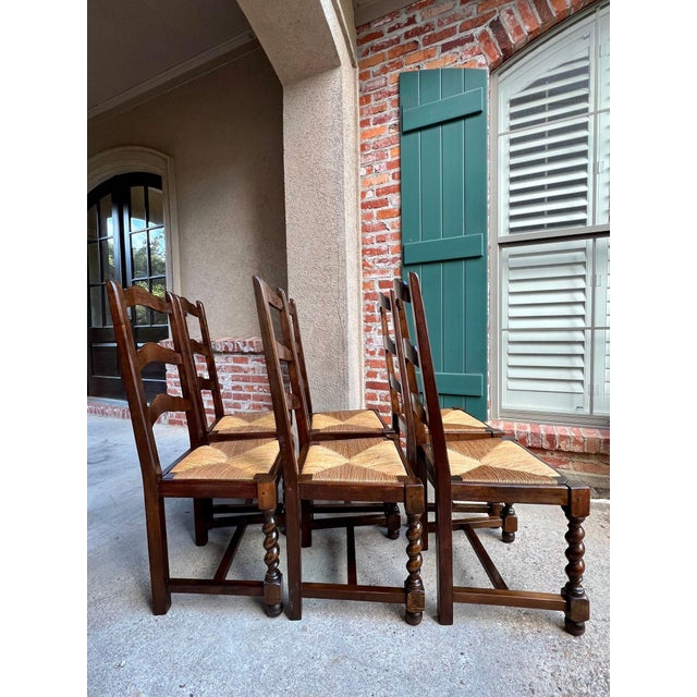 Wood Vintage French Dining Chairs Set 6 Oak Barley Twist Rush Seat Ladder Back For Sale - Image 7 of 18