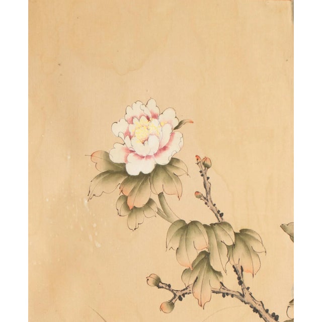 Vintage Chinese watercolor scroll painting depicting landscape scene with peony flower. Signed and sealed by artist....