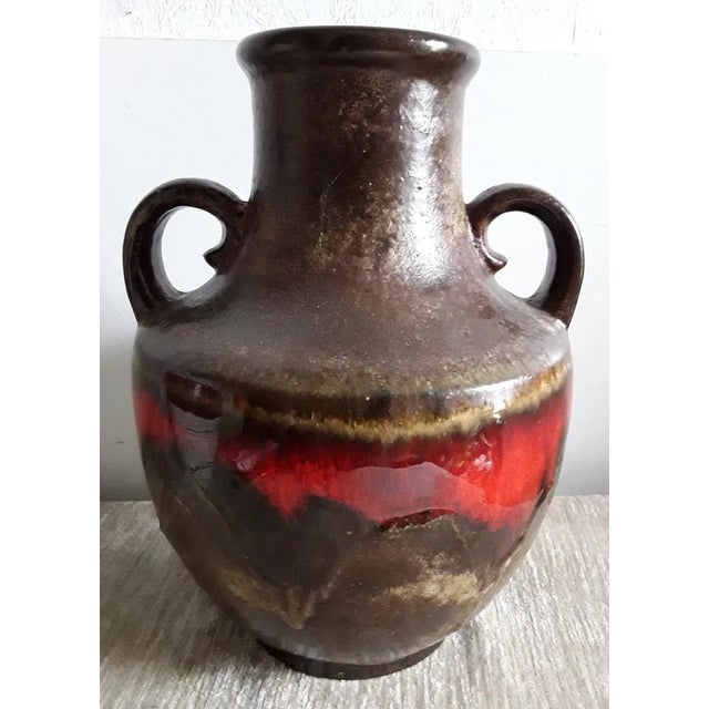 German Fat Lava Style Ceramic Vase with Double Handle & Brown-Red Gradient Glaze, 1960s For Sale - Image 4 of 4
