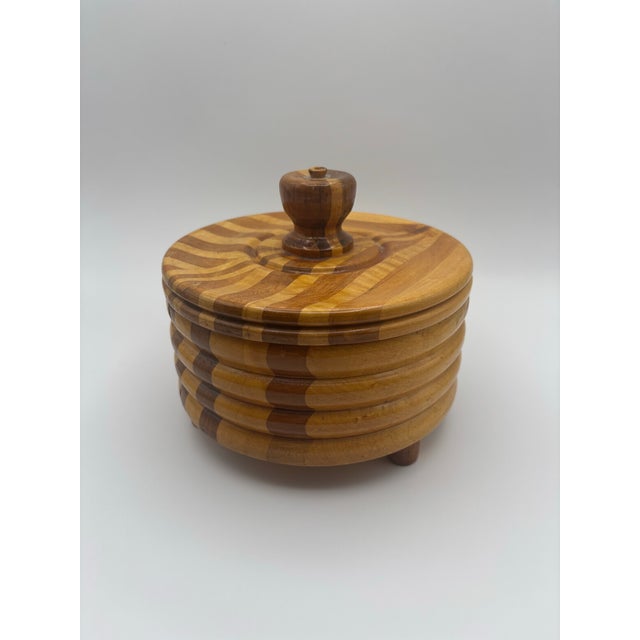 Brown 1996 Handcrafted Laminated Wood Lidded Bowl With Geometric Inlay For Sale - Image 8 of 11