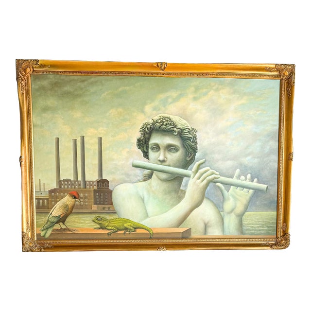 Late 20th Century Jan Rithamer Surrealist Painting of Classical Figure With Flute, Bird & Lizard in Gilt Frame For Sale