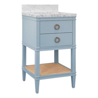 Matthew Izzo Home Cutler 24” Light Blue Two Drawer Single Porcelain Sink Vanity With Open Cane Shelf and Brass Hardware For Sale
