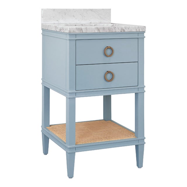 Matthew Izzo Home Cutler 24” Light Blue Two Drawer Single Porcelain Sink Vanity With Open Cane Shelf and Brass Hardware For Sale