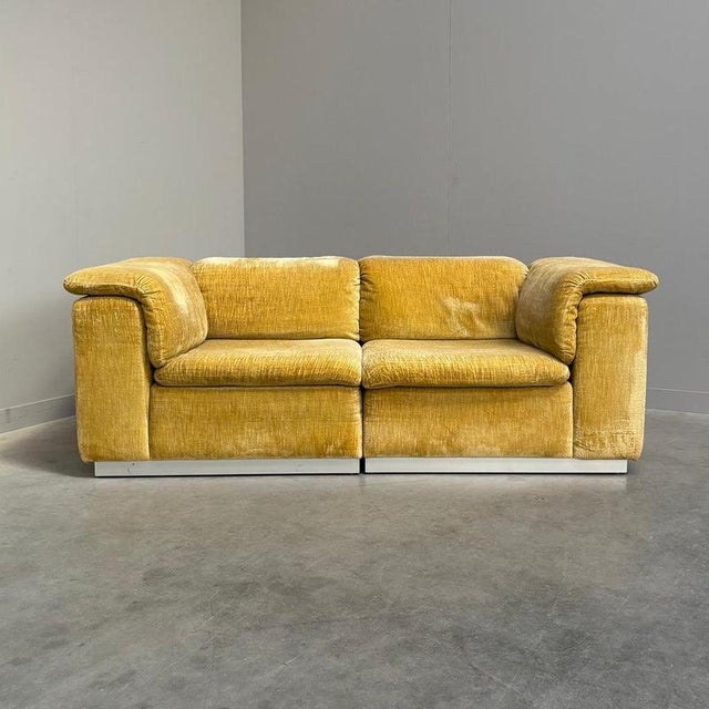 Remarks: Mid Century Kill International element sofa, Germany 1960s. Golden velvet upholstery with wooden frames....