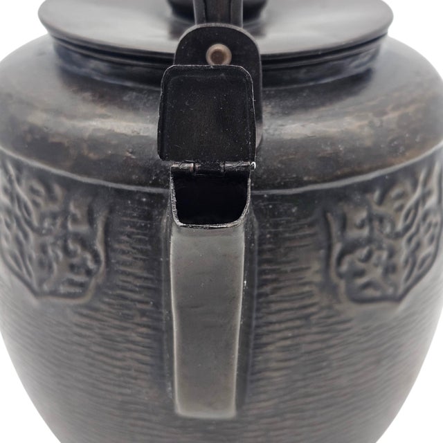Vintage Japanese-Style Cast Metal Teapot With Hammered Texture and Crest Cartouches For Sale - Image 13 of 16