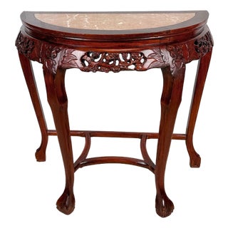 Vintage Chinese Marble Hardwood Carved Demilune Half Moon Console Table For Sale