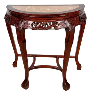 Vintage Chinese Marble Hardwood Carved Demilune Half Moon Console Table