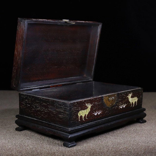 Dark Hardwood Storage Chest, Mother-of-Pearl Shell Inlay, Mandarin Ducks & Deer, Chinoiserie Decorative Treasure Box ## Dimensions For Sale - Image 9 of 10