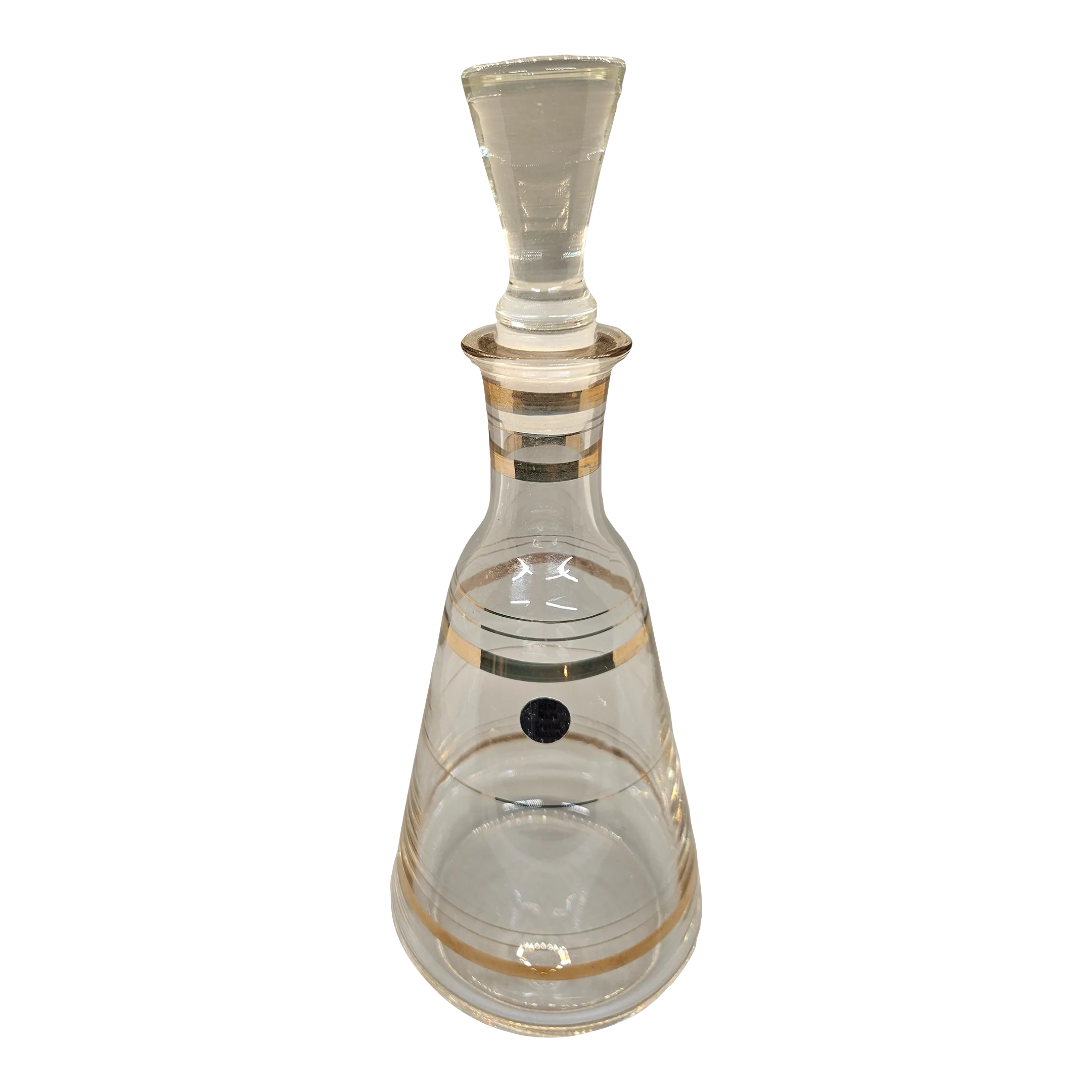 Vintage MCM Decanter Crystal Glass Gold Rings Etched Stripes