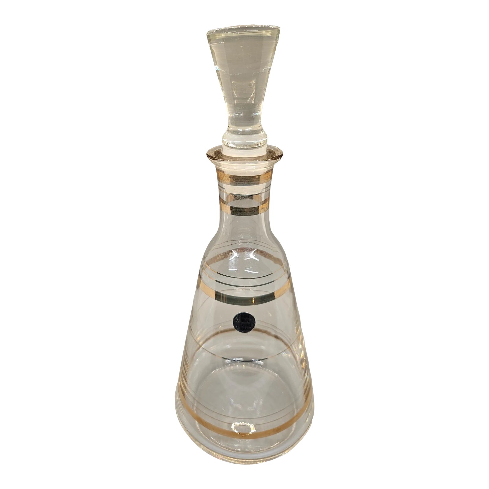 工芸品 MCM Decanter Vintage MCM Decanter Crystal Glass Gold Rings Etched Stripes