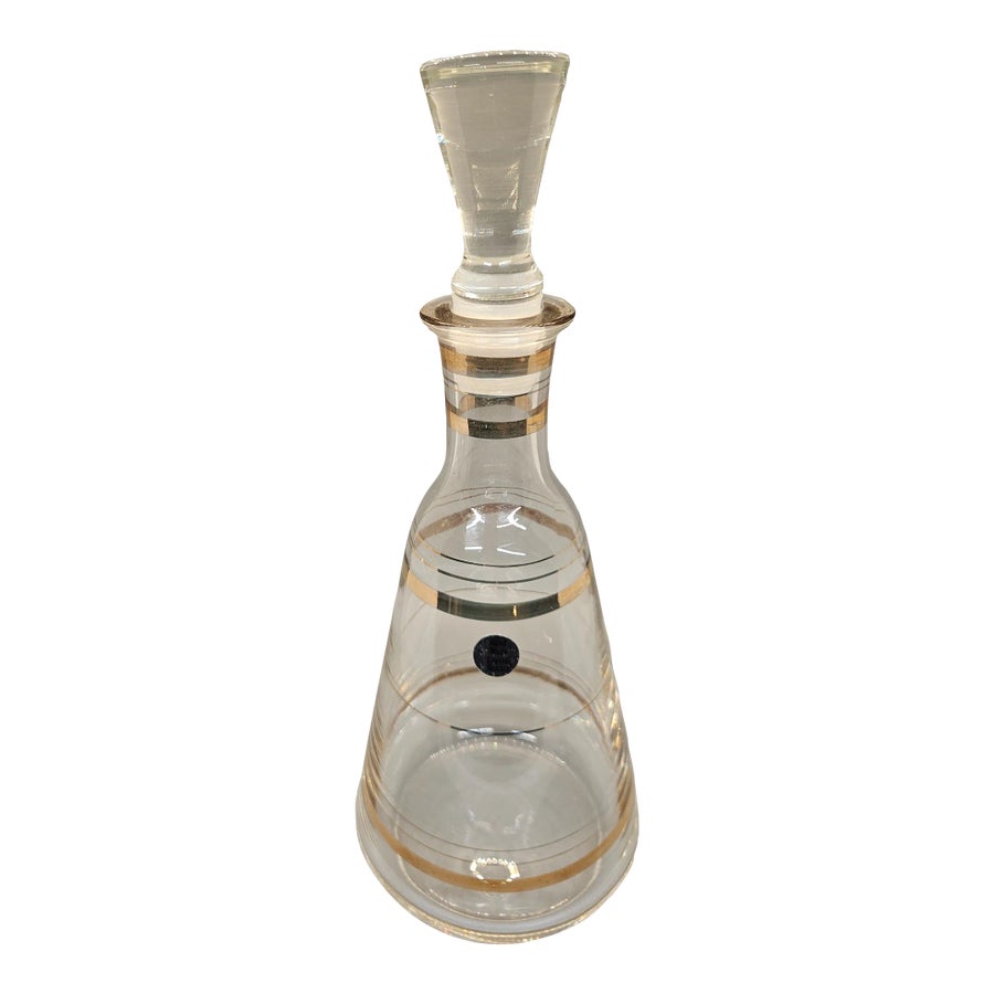 工芸品 MCM Decanter Vintage MCM Decanter Crystal Glass Gold Rings Etched Stripes