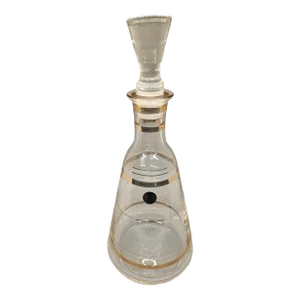 Vintage MCM Decanter Crystal Glass Gold Rings Etched Stripes