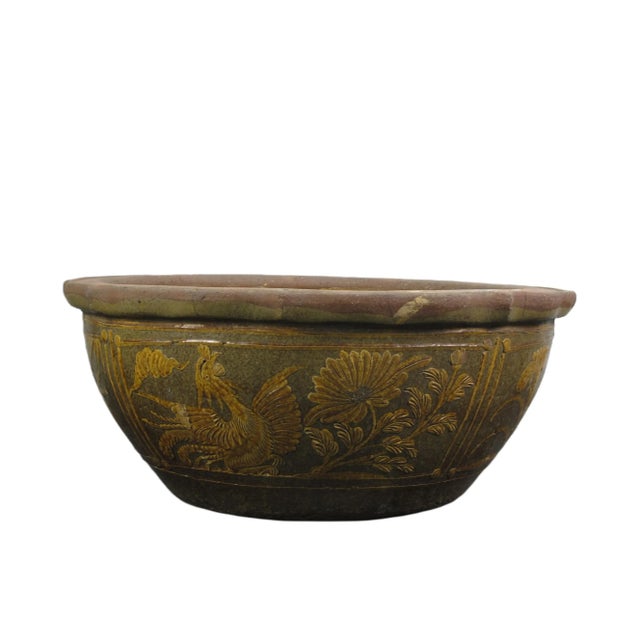 Tan Large Vintage Glazed Earthenware Planter With Hand Painted Mystic Birds and Plants For Sale - Image 8 of 8