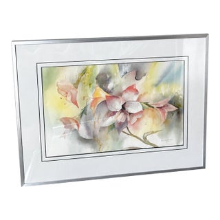 1989 Signed Abstract Floral Watercolor in New Silver-Tone Frame For Sale