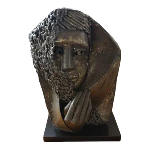 Mid 20th Century Crying Israeli Woman in Veil Welded Copper Sculpture on Granite Base- Dorothy Robbins