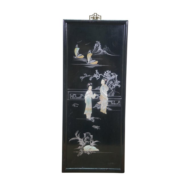 Vintage Chinese Chinoiserie Hong Kong black lacquered panels featuring Geishas in a courtyard / garden scene with fishing...