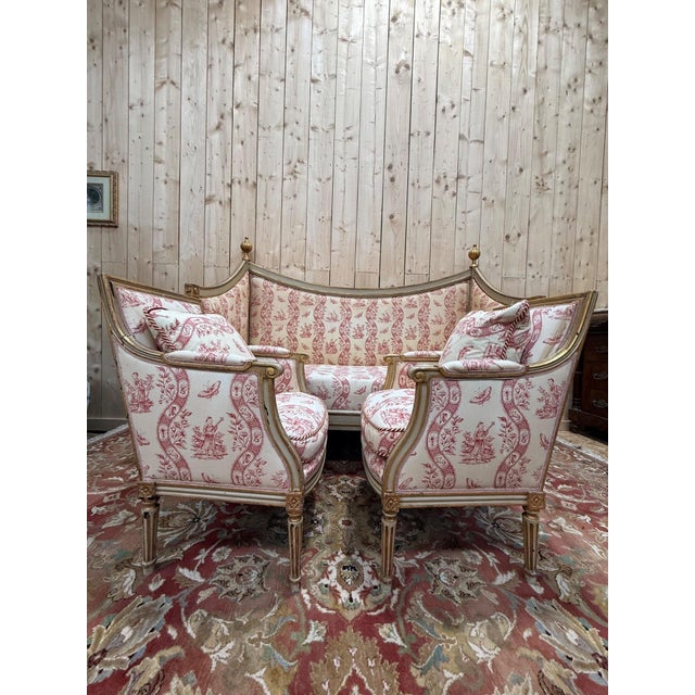 Louis XVI Living Room Sofa and Bergère Chairs in Painted Wood and Toile de Jouy, Set of 3 For Sale - Image 11 of 14