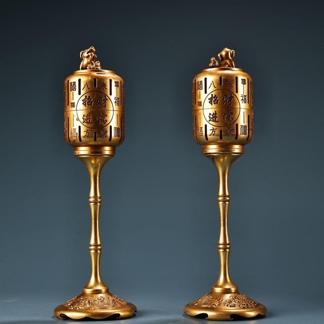 Vintage Pair Tall Stemmed Gilded Brass Censers, High Relief Carved Chinese Characters, Foo Lion Finial, Chinoiserie Matching Incense Burner Set For Sale In Los Angeles - Image 6 of 10
