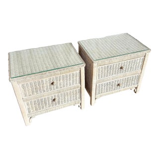 Vintage Boho Chic White Washed Wicker Glass Top Nighstands - A Pair For Sale