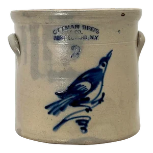 Outstanding Antique Blue Bird Decorated American Stoneware 2 Gallon Storage Crock by Ottman Bros. Fort Edward New York