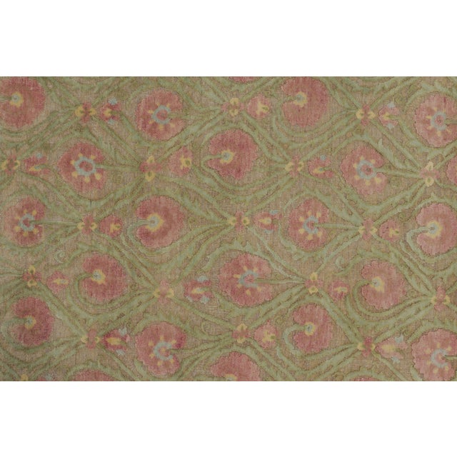 Rug & Kilim’s Block Print Rug in Green With Rose Pink Floral Patterns For Sale In New York - Image 6 of 8