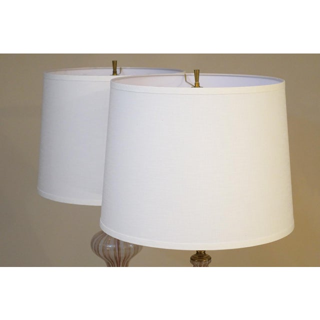 1960 Large White & Pink Barovier Toso Murano Italy Latticino Blown Art Glass Brass Table Lamps - a Pair For Sale - Image 11 of 13