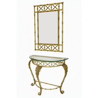 Vintage Hollywood Regency Faux Bamboo Console Table & Mirror Set Demilune Palm Beach Regency 1970s For Sale