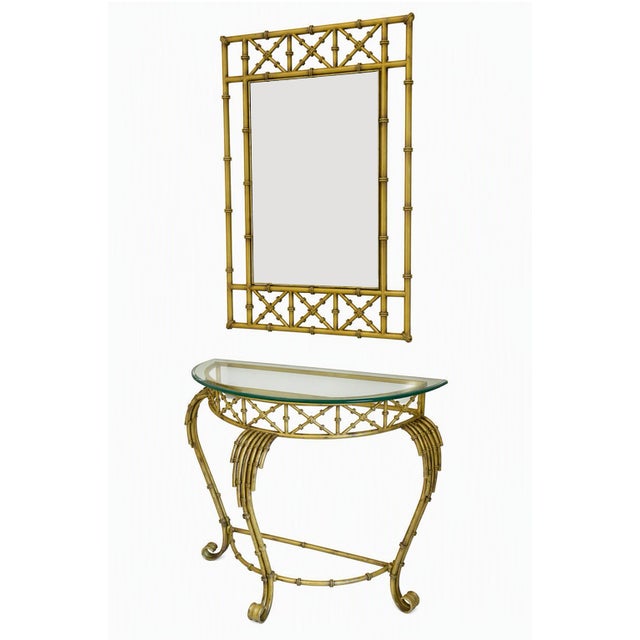 Vintage Hollywood Regency Faux Bamboo Console Table & Mirror Set Demilune Palm Beach Regency 1970s For Sale