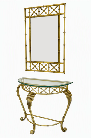 Vintage Hollywood Regency Faux Bamboo Console Table & Mirror Set Demilune Palm Beach Regency 1970s