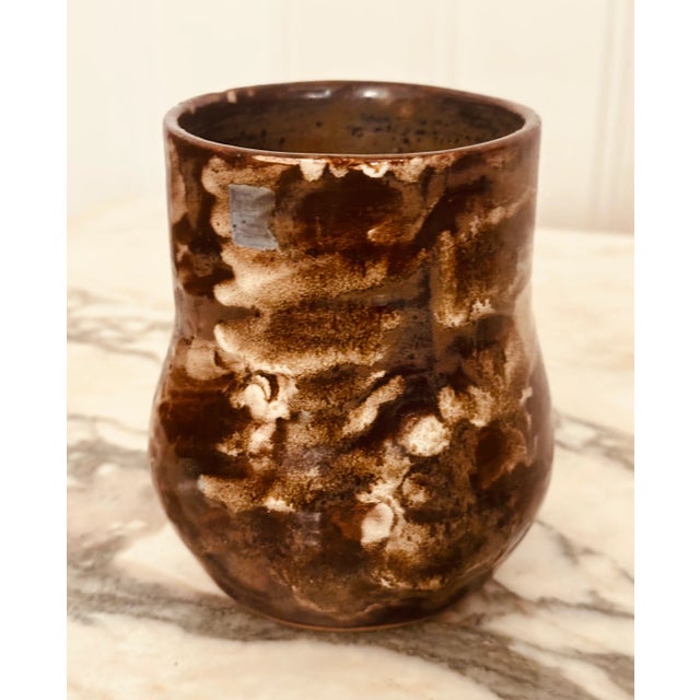 Ceramic vase designed by William Staite Murray, handmade with unique chocolate and cream glaze with color accents....