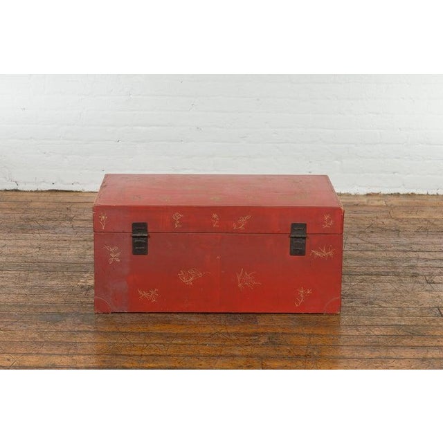 Red Lacquered Chinese Blanket Chest with Gilt Motifs & Guardian Lions For Sale - Image 11 of 12