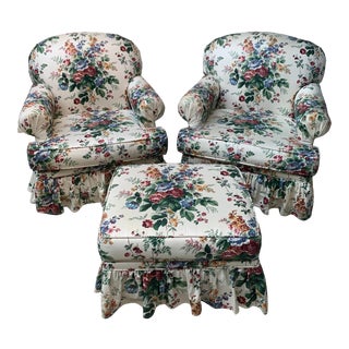 1980s Floral Bouquet Chintz Chairs and Ottoman - Set of 3 For Sale