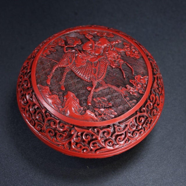1990s Red Cinnabar Lacquer Round Lidded Box With Kirin Relief Carving, Chinoiserie Decorative Trinket Box For Sale - Image 5 of 12
