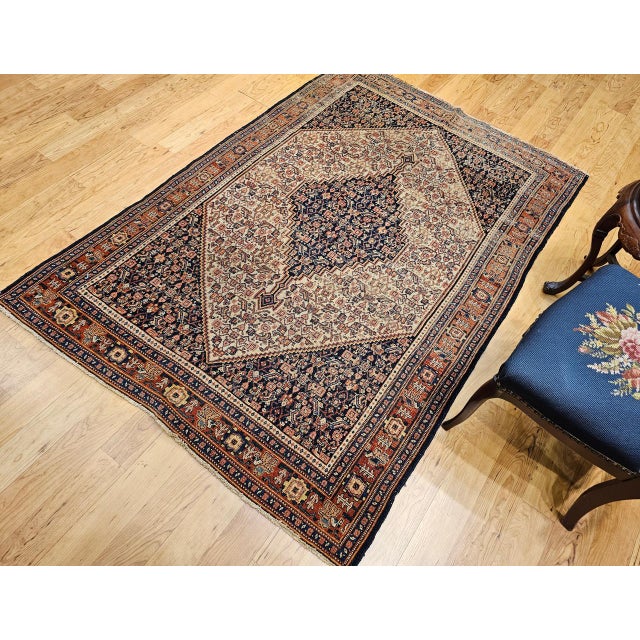 Ivory Antique Persian Senneh Area Rug, Hand-Knotted Wool, Herati Medallion Pattern, Ivory & Navy, 4x6 For Sale - Image 8 of 17