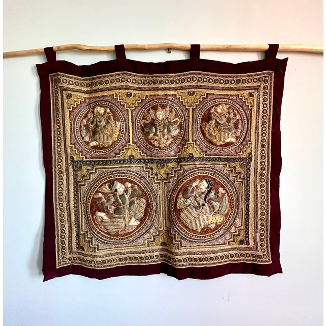 Maroon Vintage Burmese Kalaga Embroidered Tapestry With Five Figural Medallions, 40" X 37" For Sale - Image 8 of 18