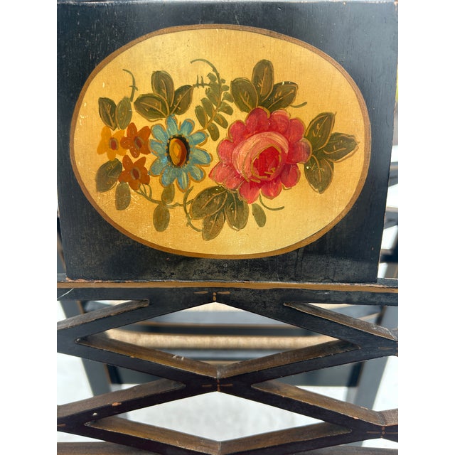 50's Regency Style Painted Black Chinoiserie Set of 2 Chairs For Sale - Image 4 of 12