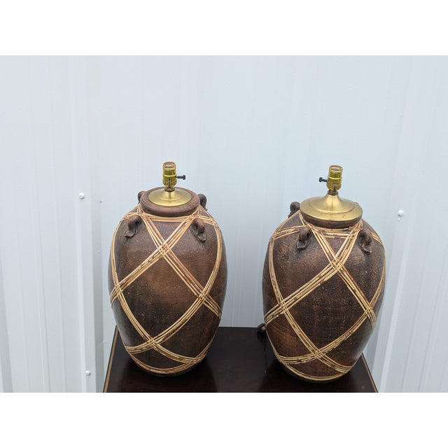 Brown Vintage Pottery Vase Table Lamp With Woven Rattan Rope For Sale - Image 8 of 14