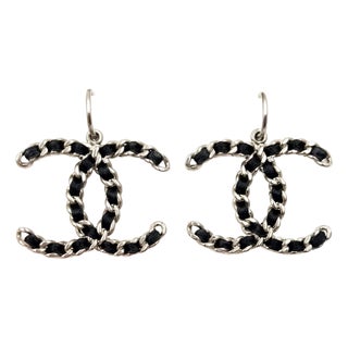 Chanel Silver CC Chain Black Ribbon XL Hoop Earrings, A Pair For Sale
