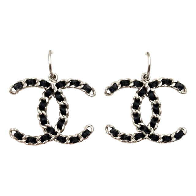 Chanel Silver CC Chain Black Ribbon XL Hoop Earrings, A Pair For Sale