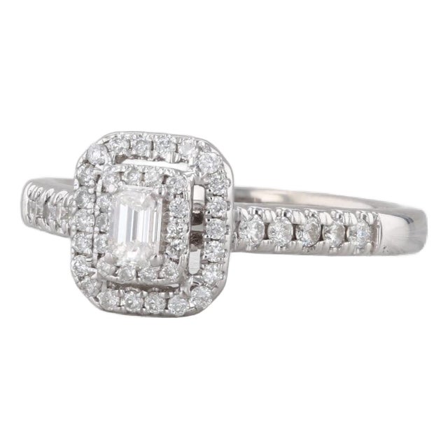0.42ctw Diamond Halo Engagement Ring 14k White Gold Size 7 Emerald Cut, Size 7 For Sale