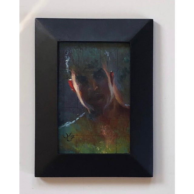 In "Dark Spirit," a haunting figure emerges from a rich, layered background, where deep hues of blue and green interplay...